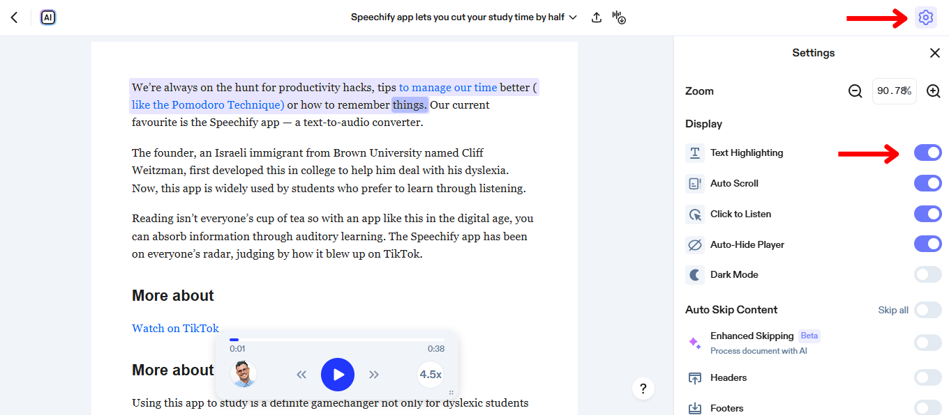 How to Enable Text Highlighting on the Speechify Web App